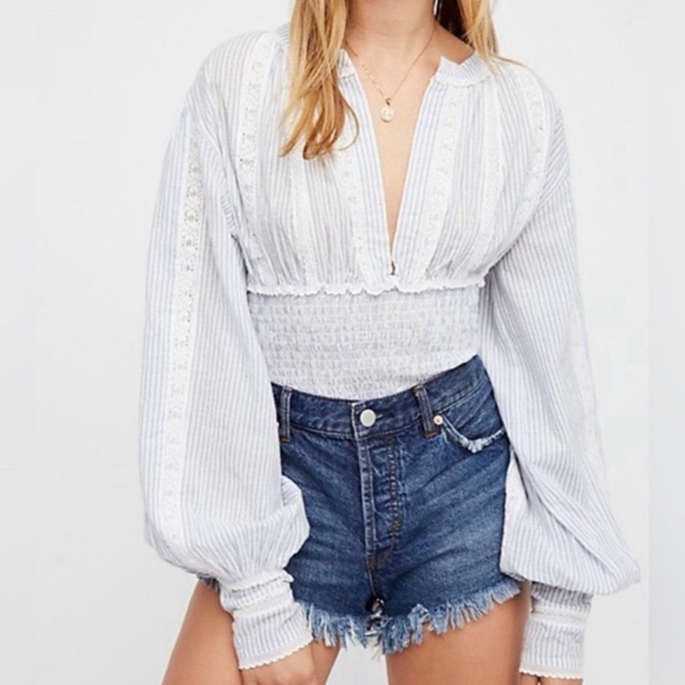 Free People You Look So Good Smocked Cuff Long Sleeve Top Blue White Stripe XS